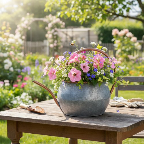 Annaffiatoio decorativo in metallo, stile country vintage, decorazione da giardino, per piante, rame argentato, L41cm Ø26cm H30cm | Floristik24.it