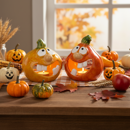 Statuetta decorativa a forma di zucca e portacandele, con faccina buffa, decorazione autunnale, 12 cm, 2 pezzi | Floristik24.it