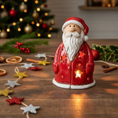 Statuetta decorativa di Babbo Natale, utilizzabile come portacandele con stelle, decorazione da tavola, 15 cm. | Floristik24.it