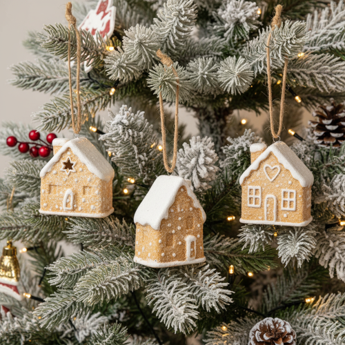 Prodotto Casetta di pan di zenzero in ceramica, decorazione da appendere, decorazione invernale natalizia, 6 cm, 3 pezzi