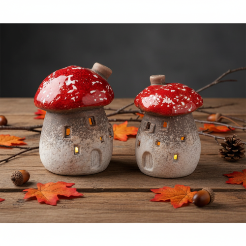 Casa a forma di fungo, faro, statuetta decorativa in amanita muscaria con camino, 10 cm, 2 pezzi | Floristik24.it