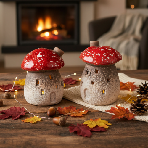 Casa a forma di fungo, faro, statuetta decorativa in amanita muscaria con camino, 10 cm, 2 pezzi | Floristik24.it