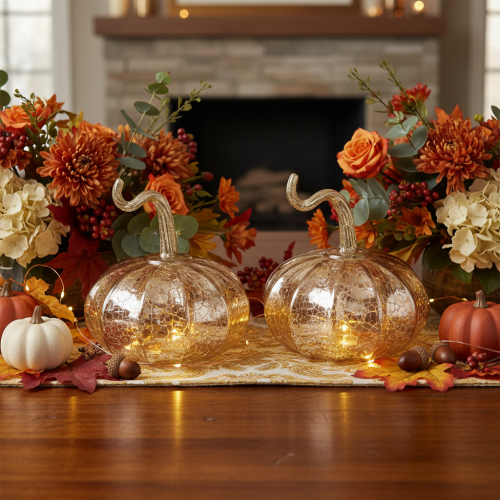 Decorazione da tavolo a forma di zucca in vetro, zucca autunnale, vetro e metallo, altezza 14 cm, 2 pezzi | Floristik24.it