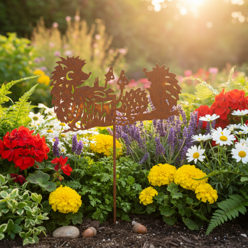 Prodotto Paletto da giardino con motivo a riccio, decorazione color ruggine per l'estate e l'autunno, 53 cm