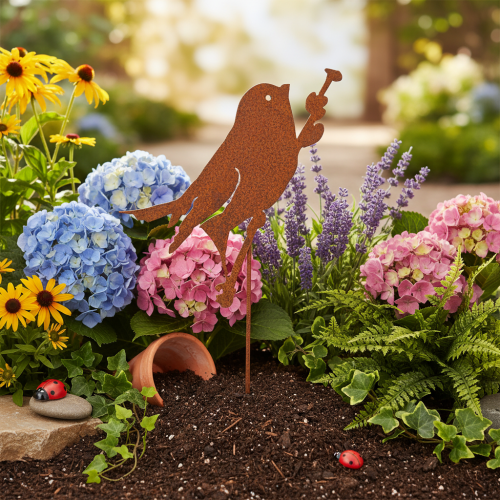 Paletto decorativo da giardino per uccelli, in metallo arrugginito, 52 cm | Floristik24.it