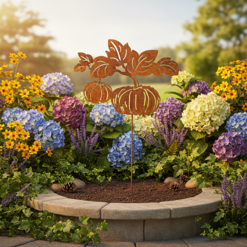 Prodotto Paletto da giardino con motivo a zucca, decorazione in metallo, finitura ruggine, 100 cm