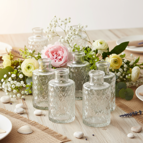 Mini vaso in vetro con motivo a rombi, piccolo vaso da tavolo, bottiglia, trasparente, 9 cm, 6 pezzi | Floristik24.it
