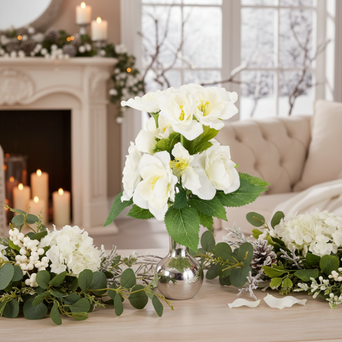 Mazzo di rose natalizie artificiali, bianche, decorazione natalizia artificiale | Floristik24.it