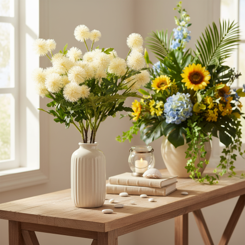 Fiore di crisantemo artificiale, mazzo bianco crema, ramo decorativo, grande 56 cm, 4 pezzi | Floristik24.it