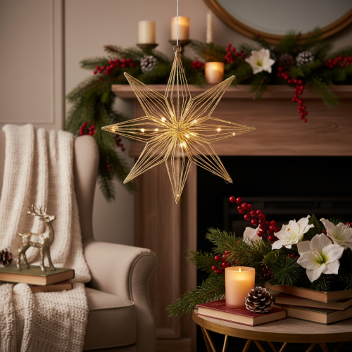 Stella decorativa a LED in filo metallico da appendere, per uso interno, alimentata a batteria, 51 cm | Floristik24.it