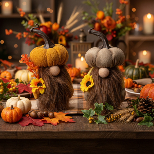Statuetta autunnale: gnomo di zucca con girasole e barba, 16 cm, 2 pezzi. | Floristik24.it