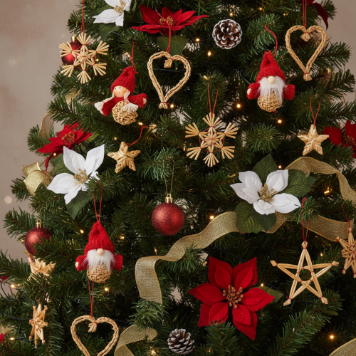Set di ornamenti in paglia per albero di Natale, figure e stelle da 6 cm, 30 pezzi | Floristik24.it