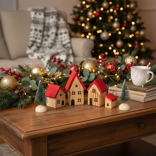 Set di casette decorative in legno con tetti rossi e abeti, 12 cm, 6 pezzi | Floristik24.it
