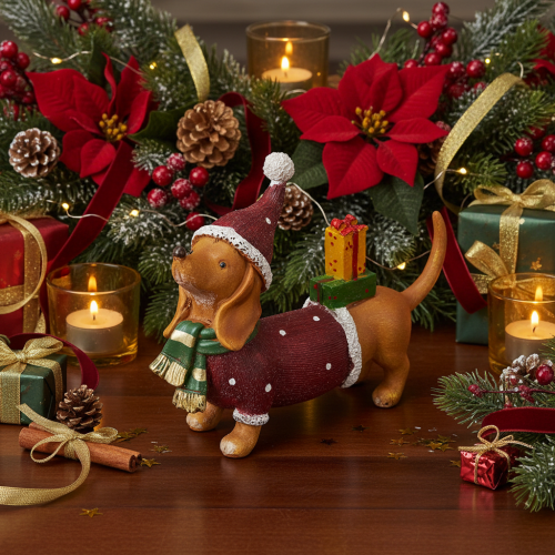 Prodotto Statuetta decorativa di bassotto con confezione regalo e cappellino, 18 cm