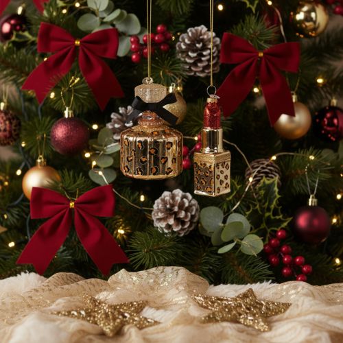 Decorazione per albero di Natale: flacone di profumo e rossetto con stampa leopardata, 11 cm, 2 pezzi | Floristik24.it