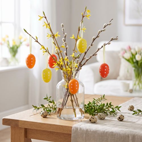 Mini uovo di Pasqua da appendere a pois giallo, rosso, arancione H4cm 24 pz | Floristik24.it