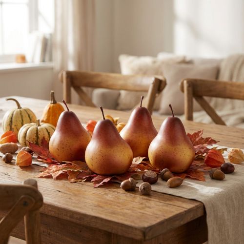 Pera decorativa, giallo-marrone, set di 4 decorazioni da tavola per la festa autunnale/del raccolto, Ø8,5cm | Floristik24.it