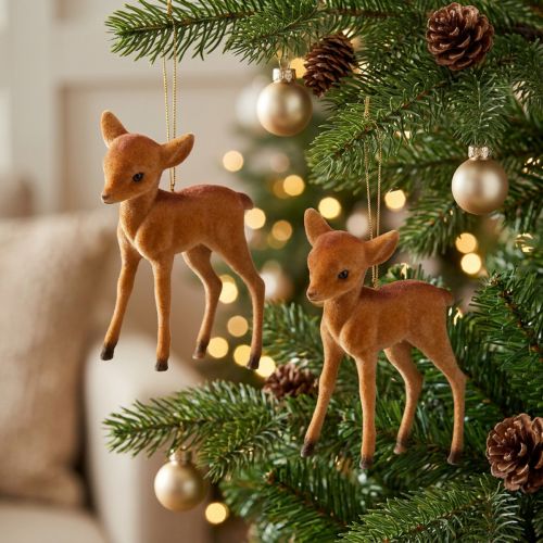 Figura decorativa renna giovane marrone 7,5 cm floccata 2 pezzi | Floristik24.it
