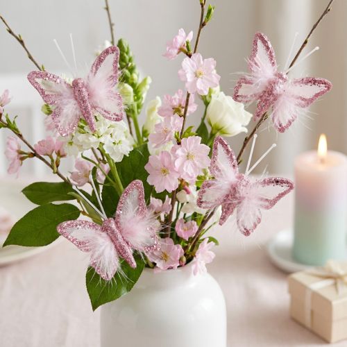 Fermaglio decorativo a forma di farfalla con piume, rosa e bianco, 5x4,5 cm, 4 pezzi | Floristik24.it