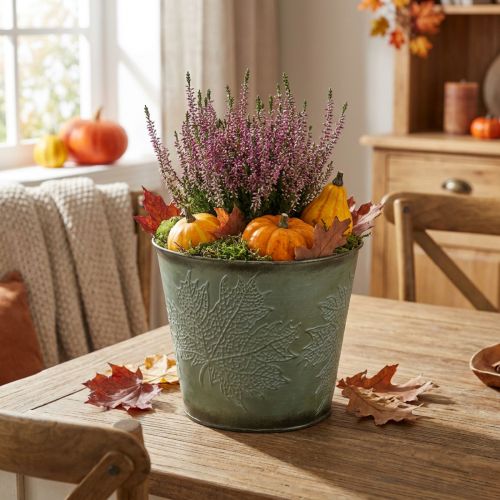 Portavasi con decorazione autunnale, decorazione in metallo, fioriera autunnale verde Ø18.5cm H17cm | Floristik24.it