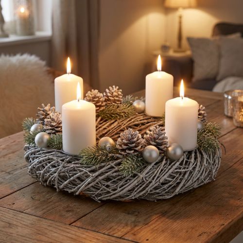 Corona di pino, corona naturale, corona decorativa shabby chic, Ø40cm, decorazione invernale, corona da tavolo, corona dell'Avvento | Floristik24.it
