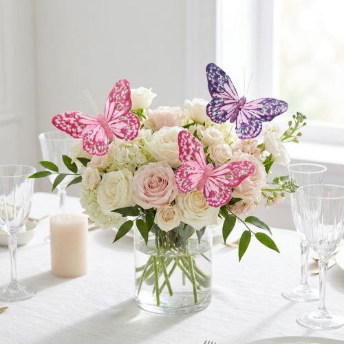 Farfalle decorative su filo di piume viola rosa 7×10 cm 12 pz | Floristik24.it