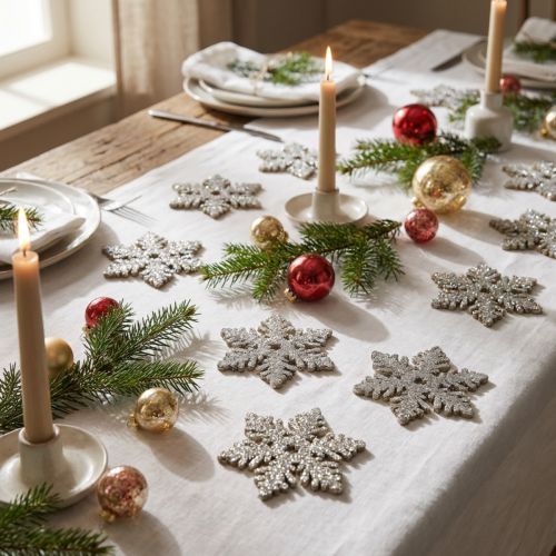 Fiocco di neve in legno 4 cm oro chiaro con mica 72 pz | Floristik24.it