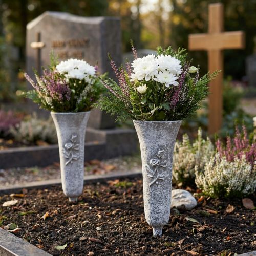 Prodotto Vaso funerario grigio con motivo a rose, alto 26 cm, 2 pezzi