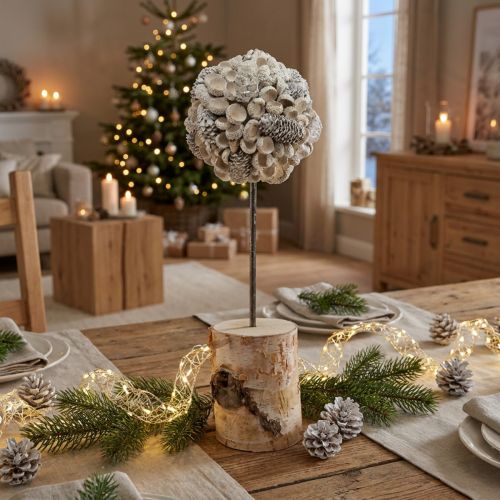 Albero decorativo in legno decorazione invernale ghiande di betulla coni bianchi H40cm | Floristik24.it