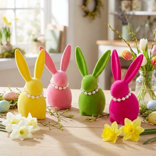 Figura decorativa a forma di coniglietto pasquale con collana di perle, perfetta per soggiorno o camera da letto, 13 cm, 4 pezzi | Floristik24.it