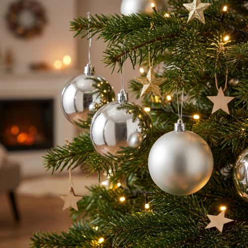 Palla di Natale argento Ø10cm 4 pezzi | Floristik24.it