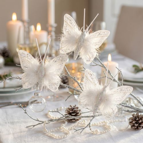 Farfalle di piume su clip glitter bianco 5x4,5 cm 4 pz | Floristik24.it