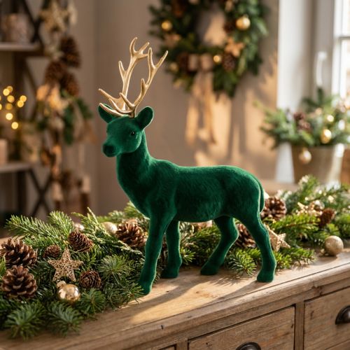 Cervo in piedi figura decorativa oro verde decorazione della tavola avvento 27 cm | Floristik24.it