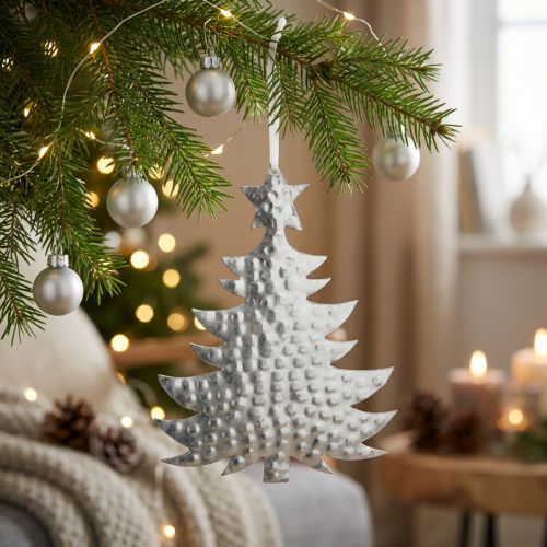 Ciondolo albero di Natale, decorazione dell'Avvento, decorazione in metallo per Natale, argento 20,5×15,5 cm | Floristik24.it