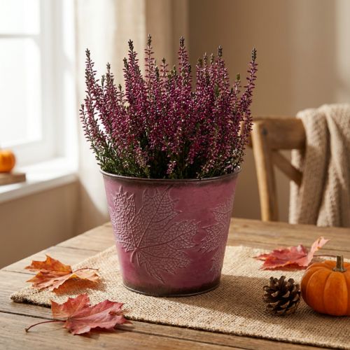 Portavasi con decoro a foglia, decoro autunnale, fioriera in metallo rosso vino Ø16,5 cm H14,5 cm | Floristik24.it