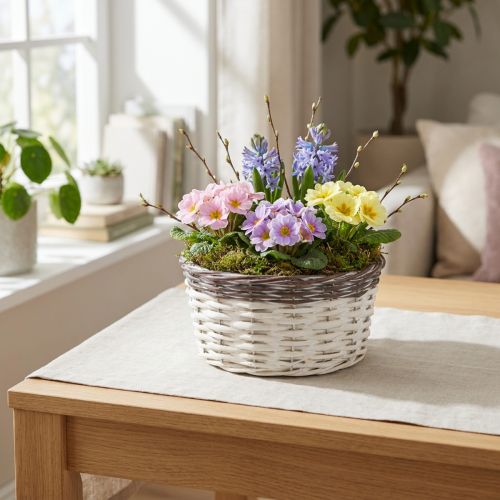 Cestino decorativo rotondo per piante Ø20cm Bianco Marrone Decorazione primaverile | Floristik24.it