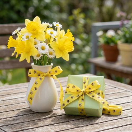Nastro decorativo primavera giallo, nastro con api B15mm L20m | Floristik24.it