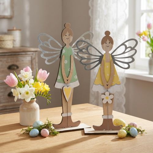 Elfo decorativo, decorazione primaverile, fata da posizionare, decorazione in legno verde, giallo H34cm set di 2 | Floristik24.it
