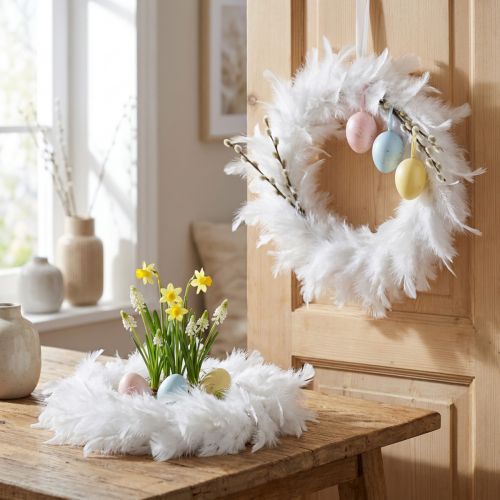 Ghirlanda di piume bianche Ø25cm Decorazione pasquale Ghirlanda decorativa di piume vere 2 pezzi | Floristik24.it