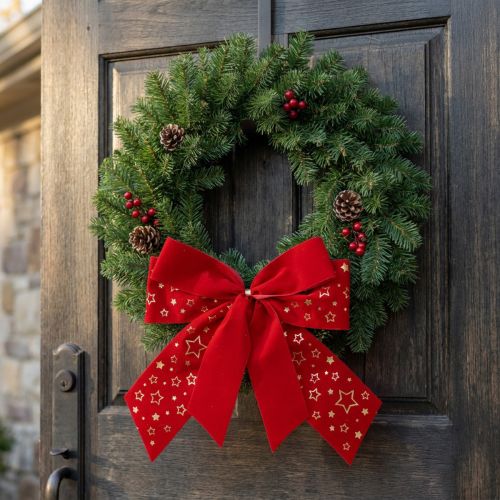 Fiocco rosso con stelle di Natale, fiocco decorativo per esterni, 21 cm, 2 pezzi | Floristik24.it