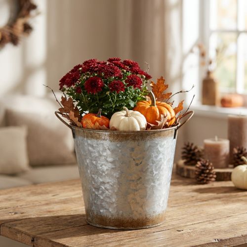 Vaso decorativo con manici, secchio per piante, contenitore in metallo, argento, acciaio anticato, Ø17cm H16.5cm | Floristik24.it