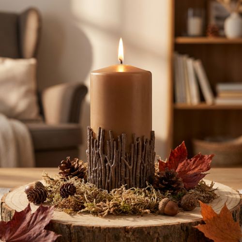 Candela a colonna con decorazione a ramo, cera, marrone caramello, 150/70 mm | Floristik24.it