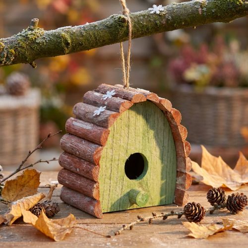 Prodotto Casetta per uccelli decorativa da appendere con tetto rotondo in legno verde marrone 16,5×10×17 cm