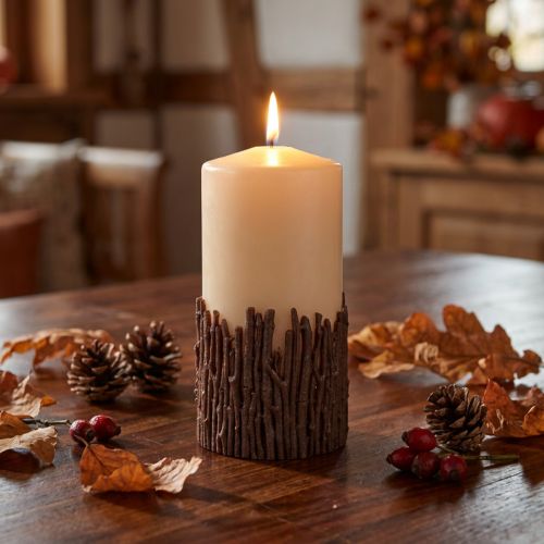 Candela rustica a colonna con rami, beige, 150x70mm, candela decorativa | Floristik24.it