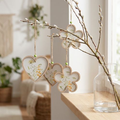 Ciondolo decorativo in legno fiore cuore motivo fiori 12 cm 6 pz | Floristik24.it