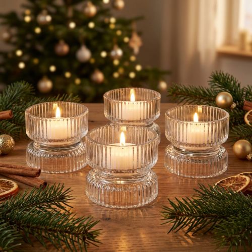 Portacandele in vetro rigato decorativo trasparente Ø9cm H7cm 4 pz | Floristik24.it
