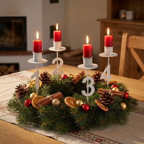 Portacandele Avvento con spina e numeri bianco H11cm 4 pz | Floristik24.it