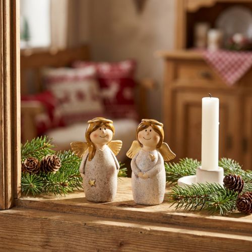 Affascinante coppia di angeli in ceramica in bianco crema con accenti dorati - 8,6 cm - Figure decorative celesti - 2 pezzi | Floristik24.it