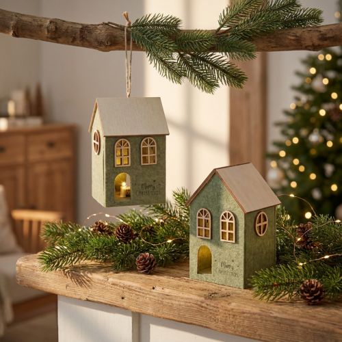 Decorazione per albero di Natale a forma di casa in feltro, decorazione LED verde, set da 2 pezzi | Floristik24.it