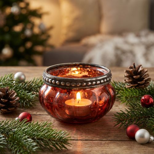 Tealight in vetro rosso argento antico con bordo in metallo Ø6cm H3,5cm | Floristik24.it